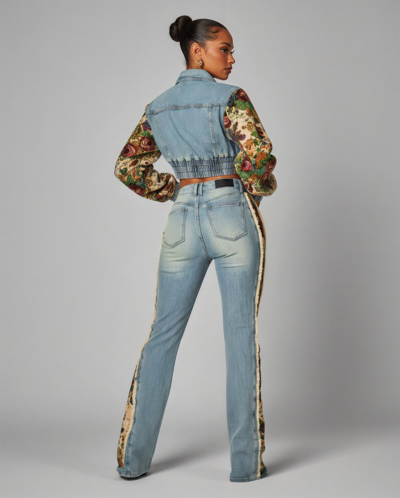 SHAY Denim Tapestry Cropped Jacket & Pant Set