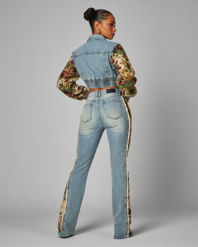 SHAY Denim Tapestry Cropped Jacket & Pant Set