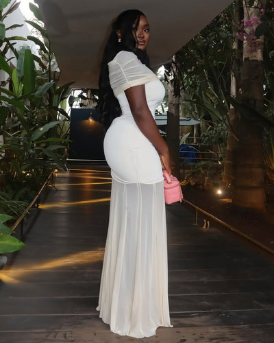 CALYRA Off-Shoulder Layered Mesh Maxi Dress