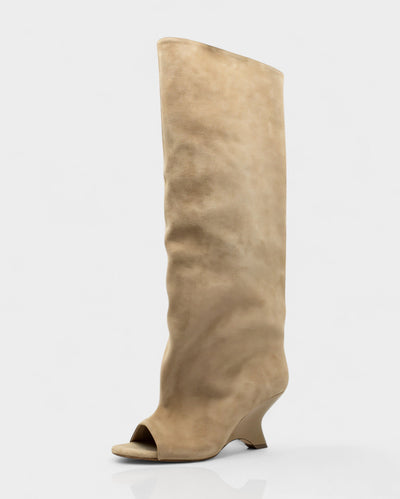 HELIRA Peep Toe Wedge Knee High Boots