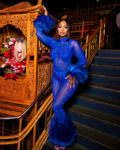 CHARICE Rhinestone & Faux Fur Trim Jumpsuit