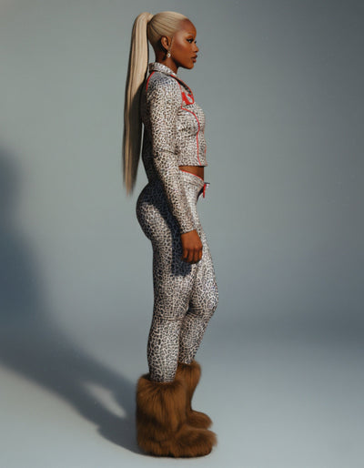 DELYSSA Leopard Cropped Jacket Top & Pants Set