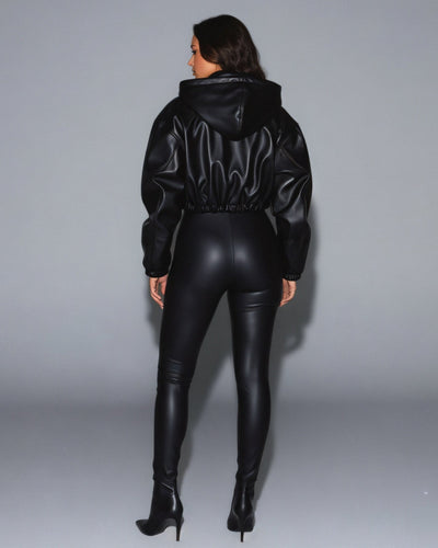 DAYAN Cropped Long Sleeve Faux Leather Jacket