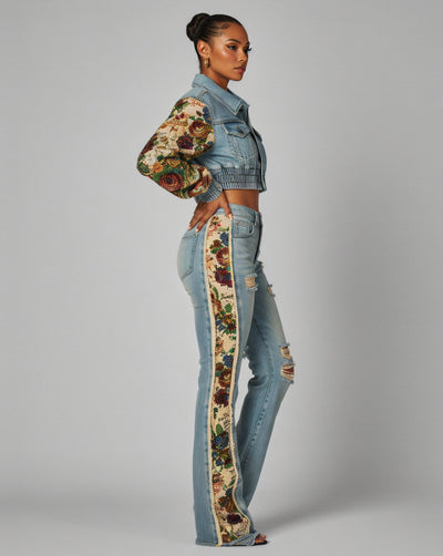 SHAY Denim Tapestry Cropped Jacket & Pant Set