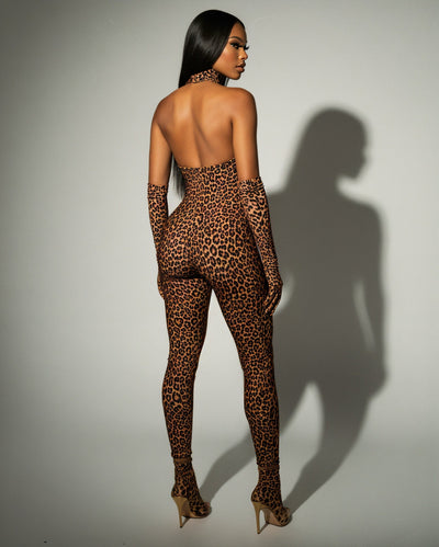 ISALINE Leopard Print High Neck Jumpsuit & Gloves Set