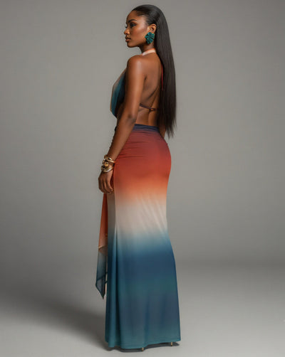 CHANEL Gradient Print Cowl Top and Maxi Skirt Set