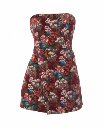 PRISCILLA Floral Brocade Strapless Mini Dress