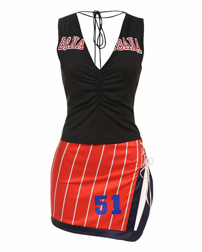 CERISSE Sporty Graphic Print Top & Side Lace-Up Skirt Set