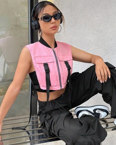 CANDICE Cropped Flap Pocket Buckle Detail Vest