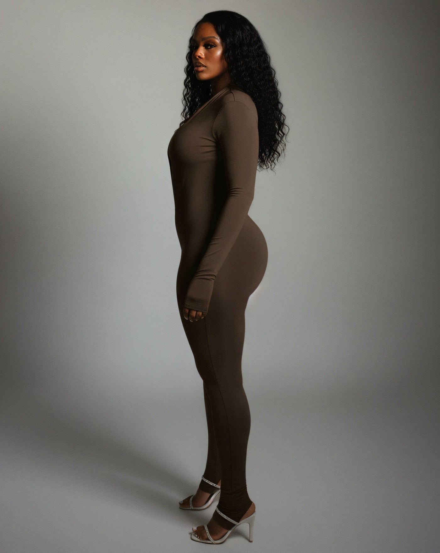 VEYONA Plunge Neck Long Sleeve Jumpsuit