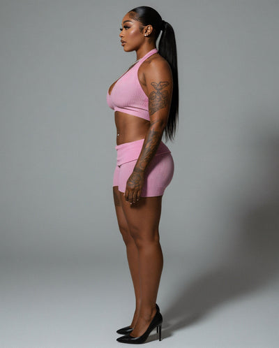 ZEIRA Ribbed Halter Crop Top & High-Waisted Shorts Set
