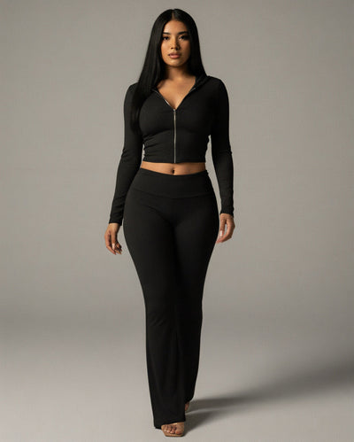 RAINY Zip-Up Hoodie and Flare Pants Set