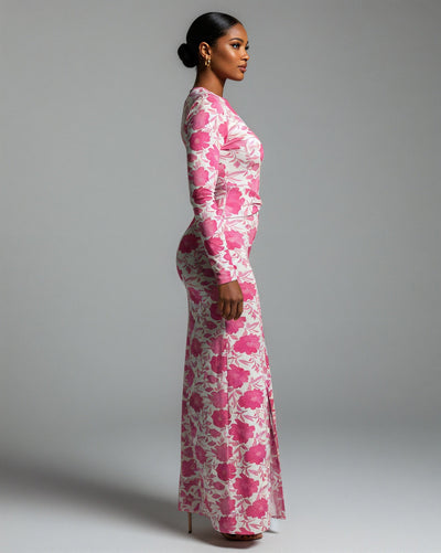 DELPHIA Floral Print Long Sleeve Slit Maxi Dress