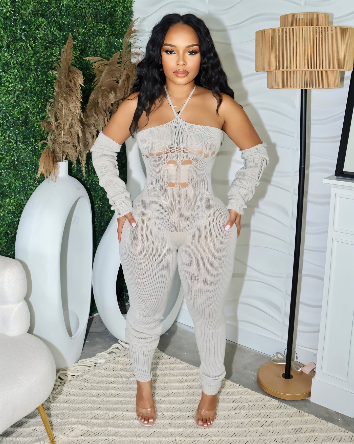 PALOMA Halter Neck Tie Knit Jumpsuit