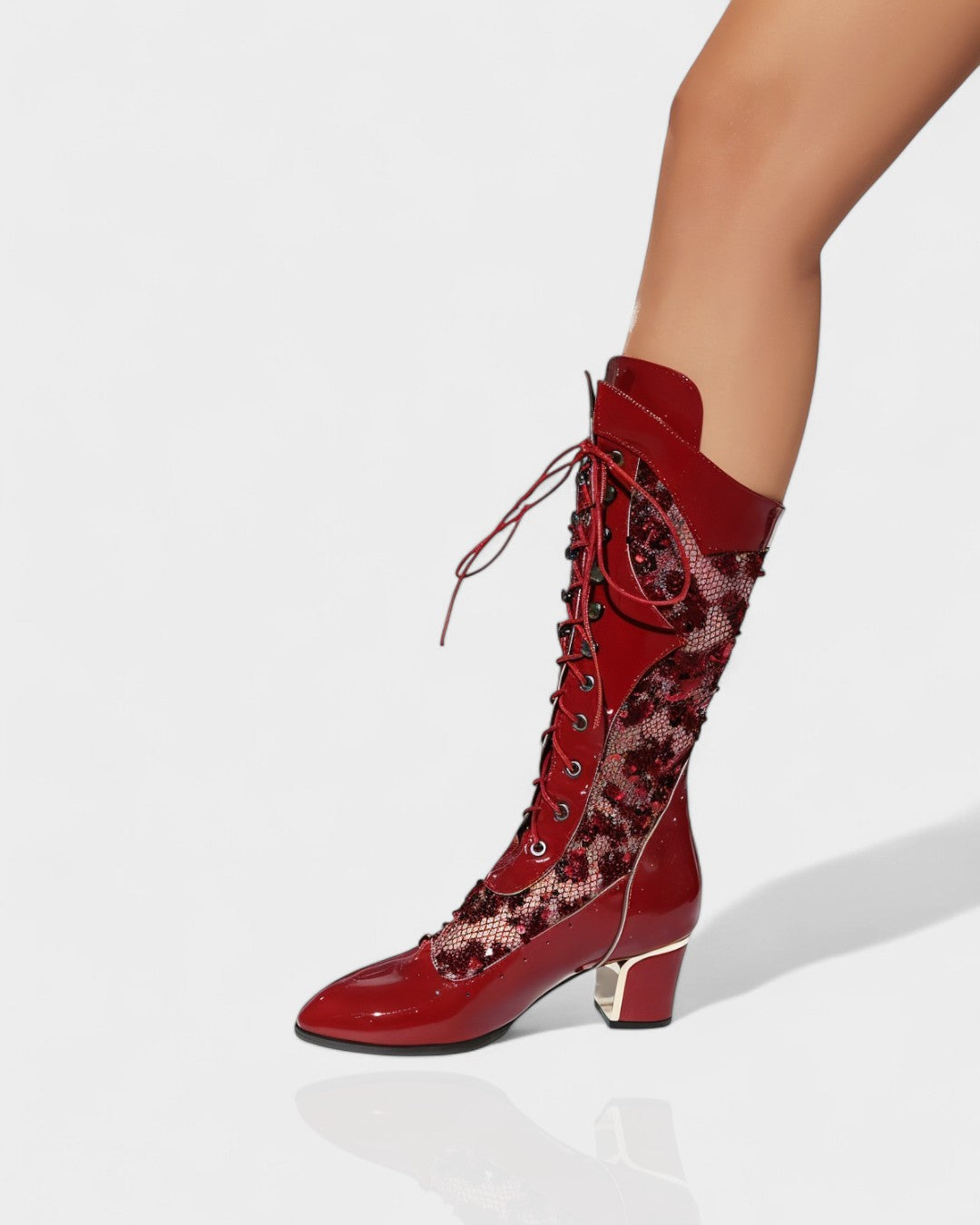 AROLA Lace-Up Embroidered Mid-Calf Boots