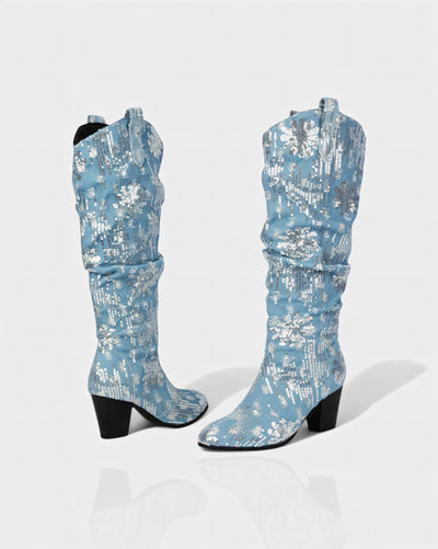 DIANNE Sequin Floral Denim Cowboy Boots