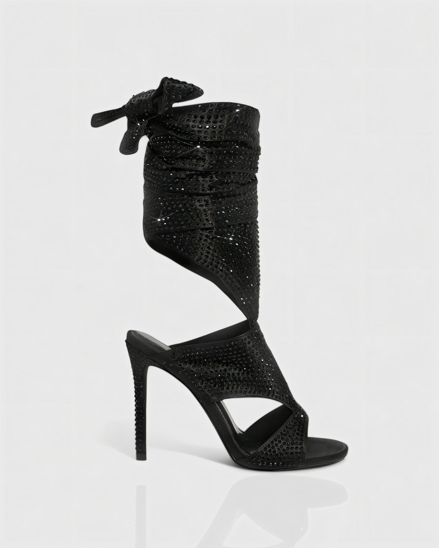 BRIANNE Square Head Rhinestone Lace-Up Knee High Heels