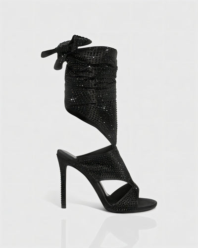 BRIANNE Square Head Rhinestone Lace-Up Knee High Heels