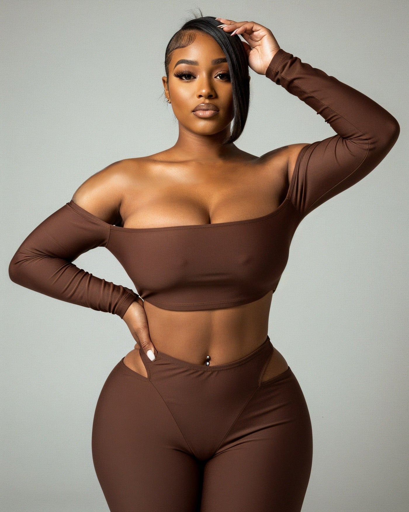 ELOWEN Off-shoulder Long Sleeve Top & Cutout Pants Set