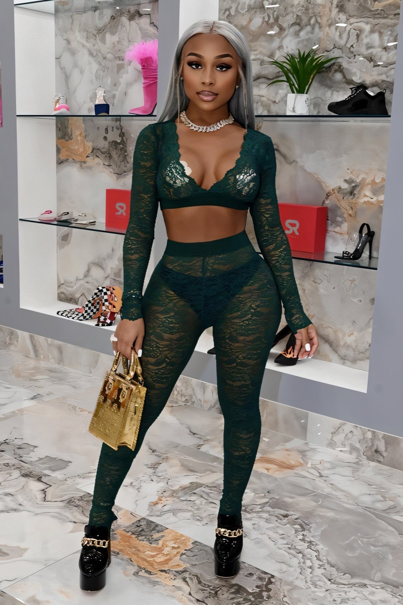 KAMARIA Lace Plunge Neckline Top & Tights Set