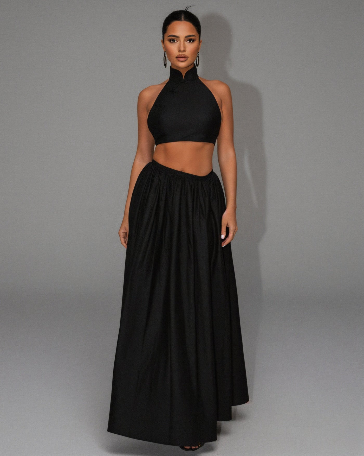 EYANE Collar Crop Top & Maxi Skirt Set