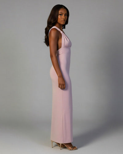 SELYA Plunge Halter Ruched Maxi Dress