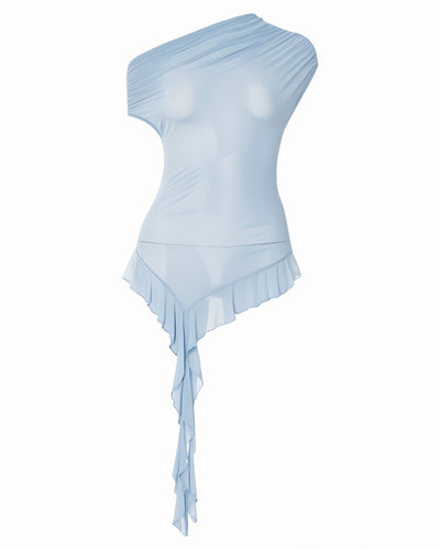 FIORELLA One-Shoulder Asymmetrical Ruffled Mesh Top