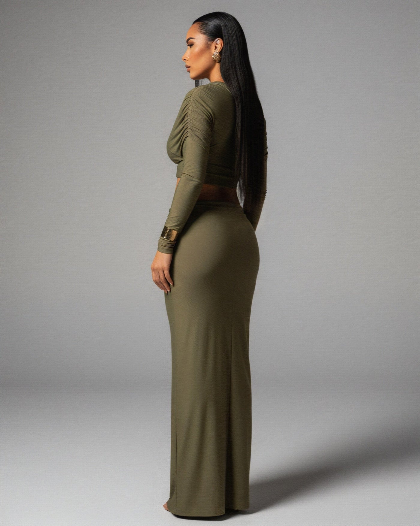 LUCINA Sleeve Oblique Top & Maxi Skirt Set