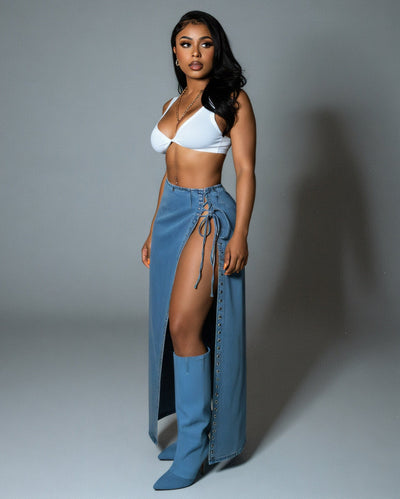 NATALIE Denim Lace-Up Grommet Skirt