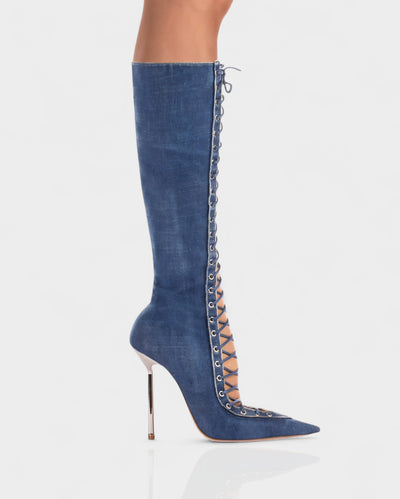 ESCAS Lace-Up Mesh Knee-High Stiletto Boots