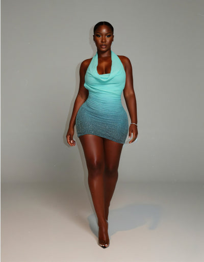 IMOGEN Rhinestone Embellished Cowl Neck Mini Dress