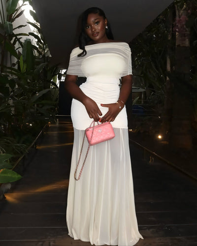 CALYRA Off-Shoulder Layered Mesh Maxi Dress