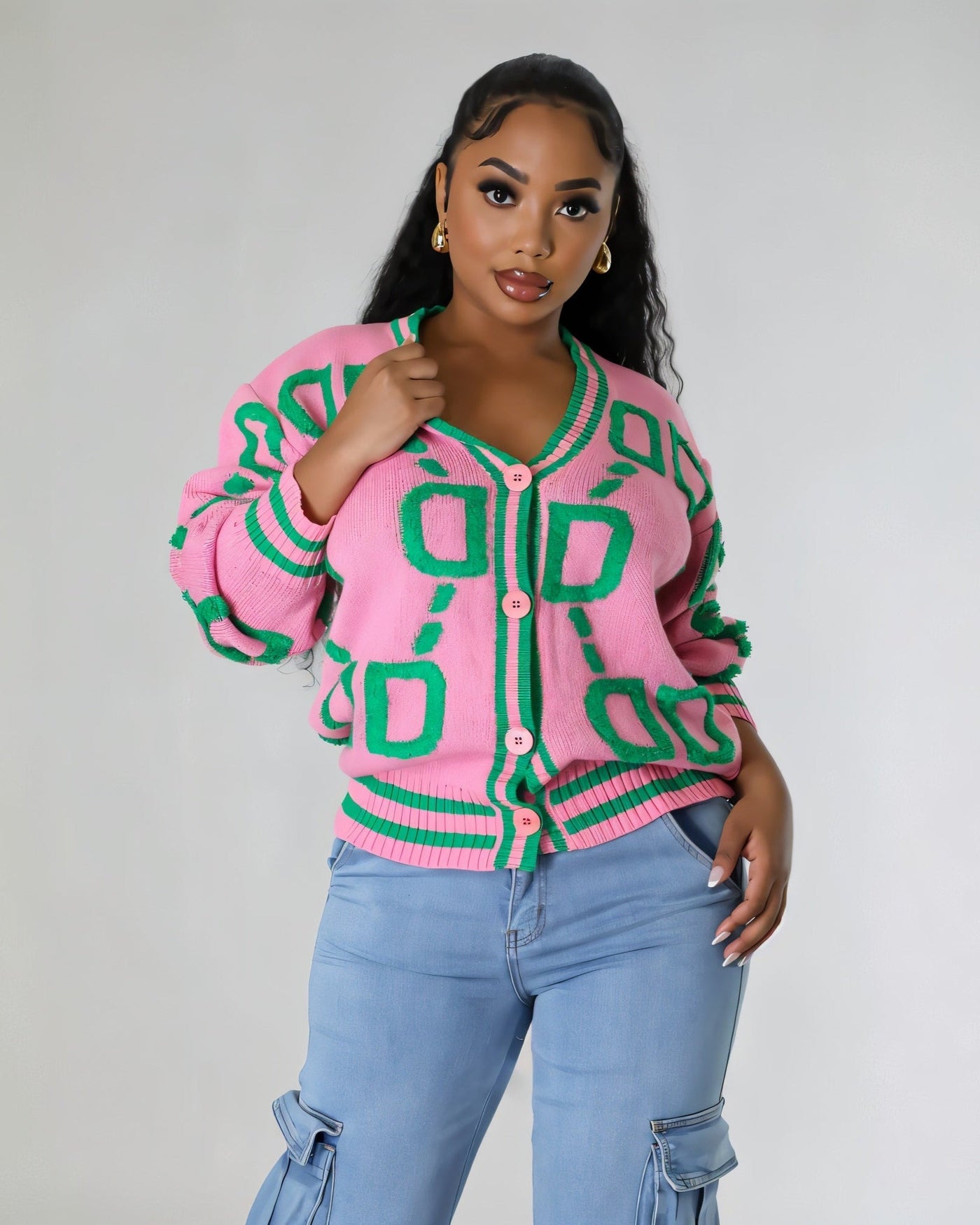 ALYA Geometric Jacquard Button-Up Knit Cardigan