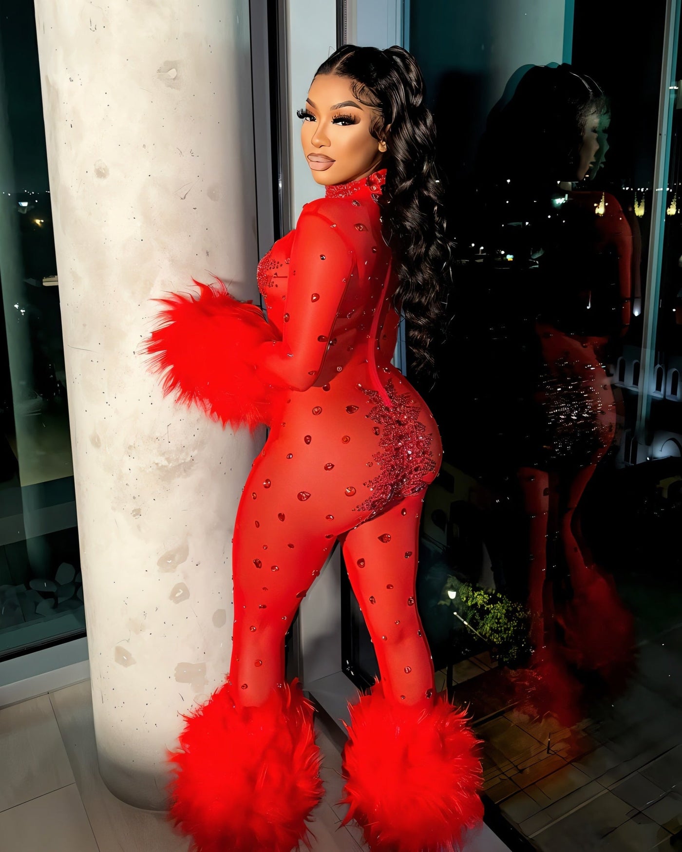 CHARICE Rhinestone & Faux Fur Trim Jumpsuit