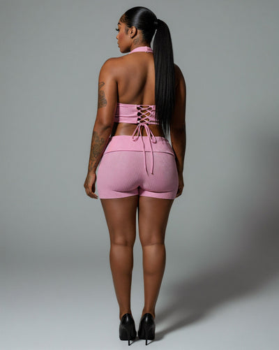 ZEIRA Ribbed Halter Crop Top & High-Waisted Shorts Set