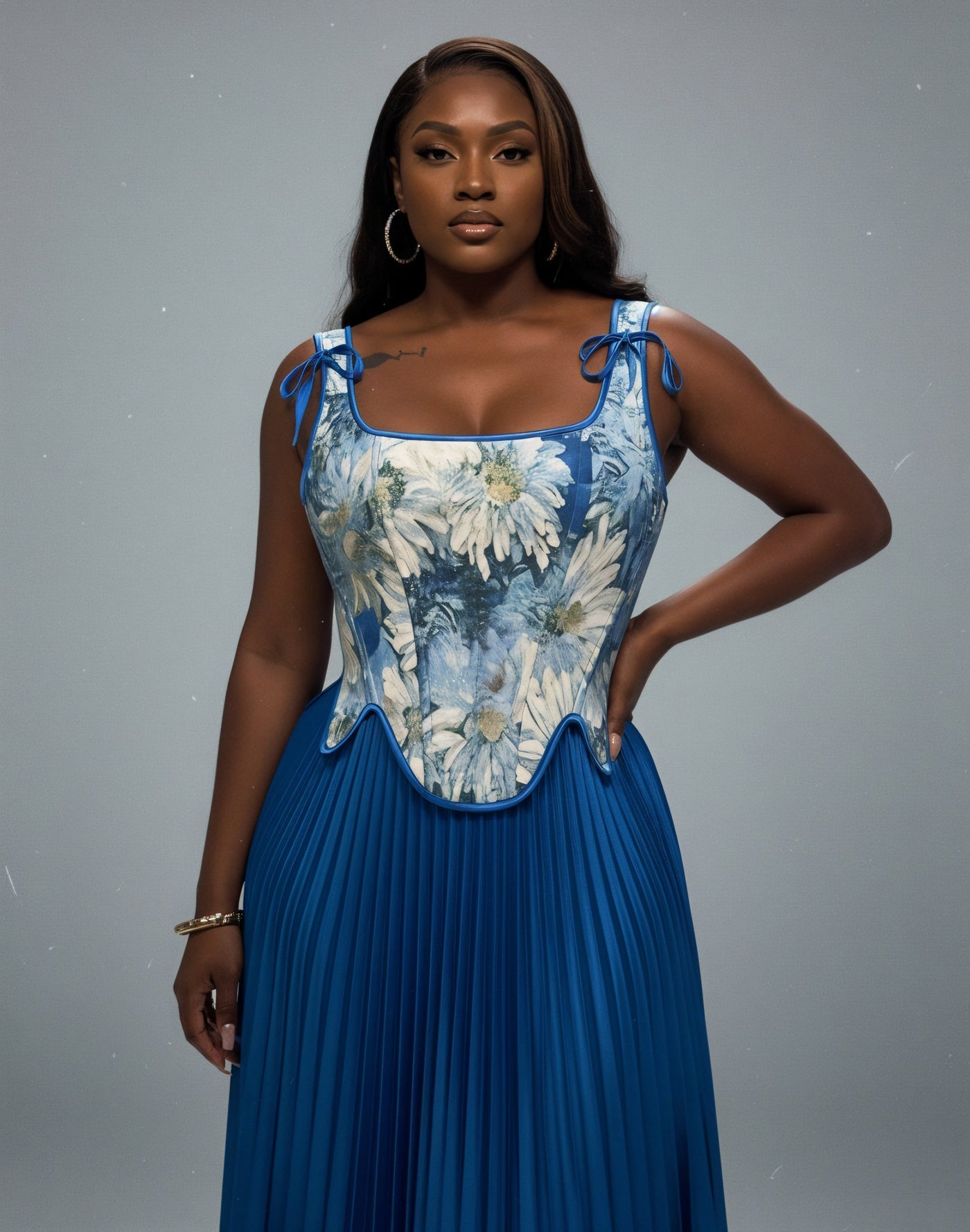 MASINA Floral Print Corset & Pleated Maxi Skirt Set