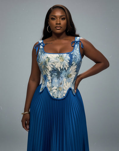 MASINA Floral Print Corset & Pleated Maxi Skirt Set