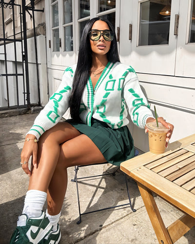 ALYA Geometric Jacquard Button-Up Knit Cardigan