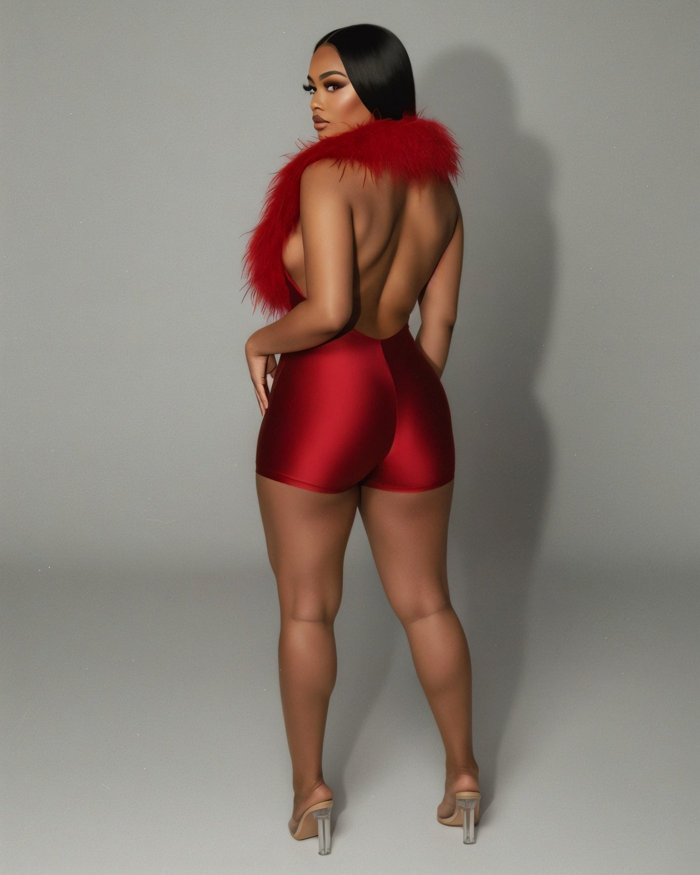 LANNY Deep V Neck Faux Feather Satin Romper