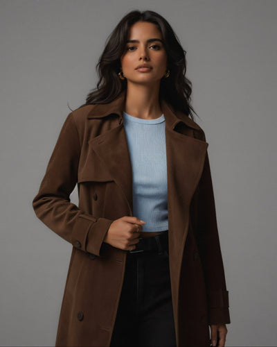 AIZA Faux Suede Belted Trench Coat
