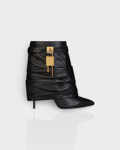 HALINA Padlock Slouch Stiletto Ankle Boots
