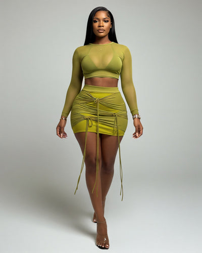 CINDRA Mesh Crop & Drawstring Skirt Set