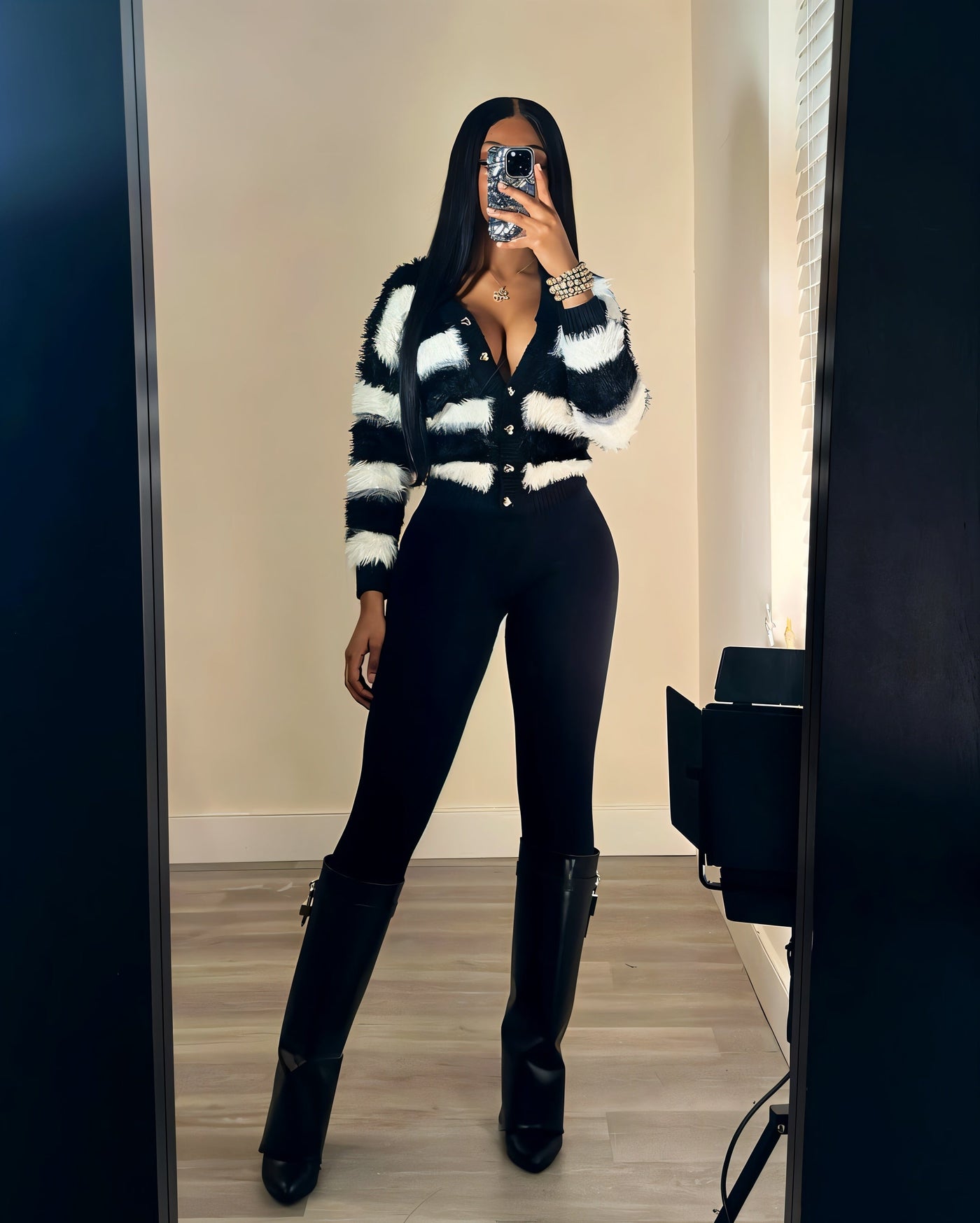 NARIA Striped Fuzzy Button-Up Cropped Cardigan