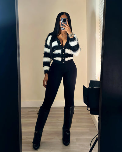 NARIA Striped Fuzzy Button-Up Cropped Cardigan