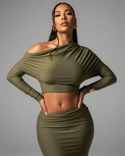 LUCINA Sleeve Oblique Top & Maxi Skirt Set