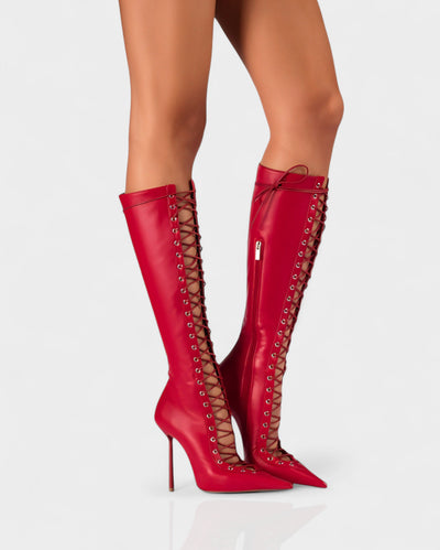 ESCAS Lace-Up Mesh Knee-High Stiletto Boots