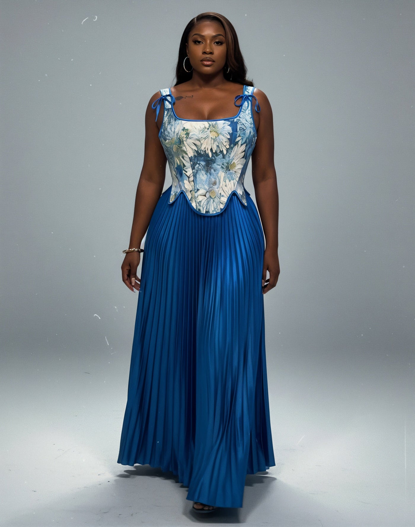 MASINA Floral Print Corset & Pleated Maxi Skirt Set