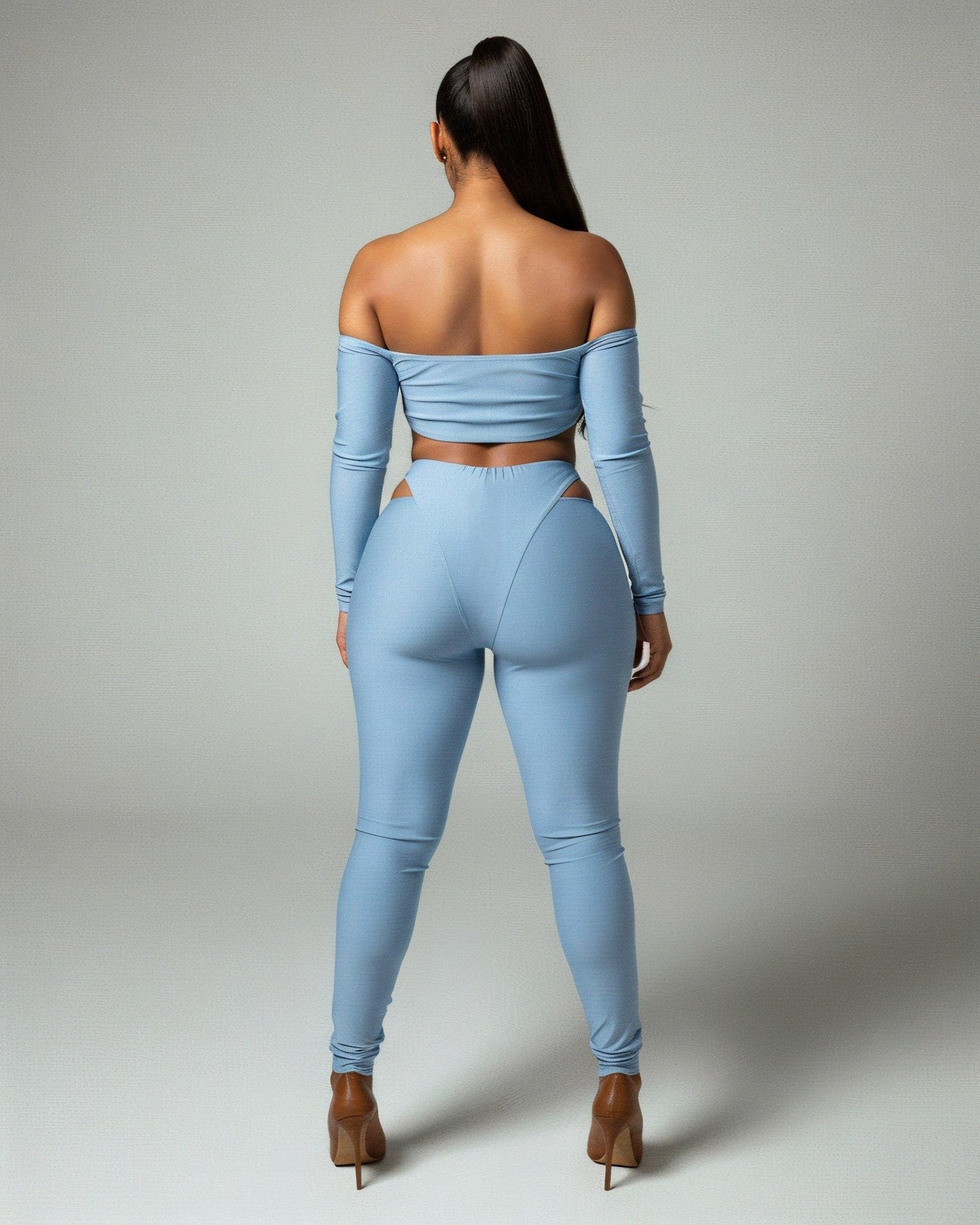 ELOWEN Off-shoulder Long Sleeve Top & Cutout Pants Set