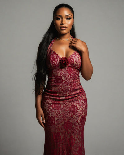 TYRAE Floral Lace Halter Maxi Dress