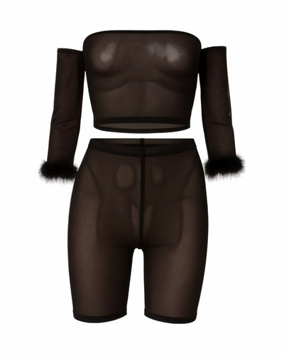 RAMIRA Faux Feather Trim Mesh Top & Shorts Set